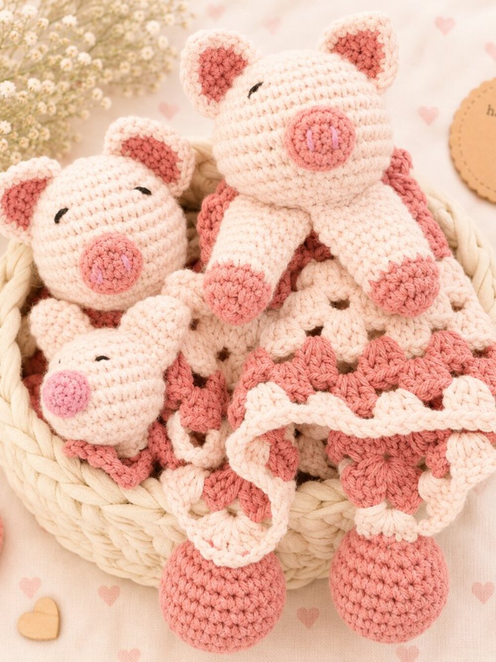 Handmade crochet piggy lovey set